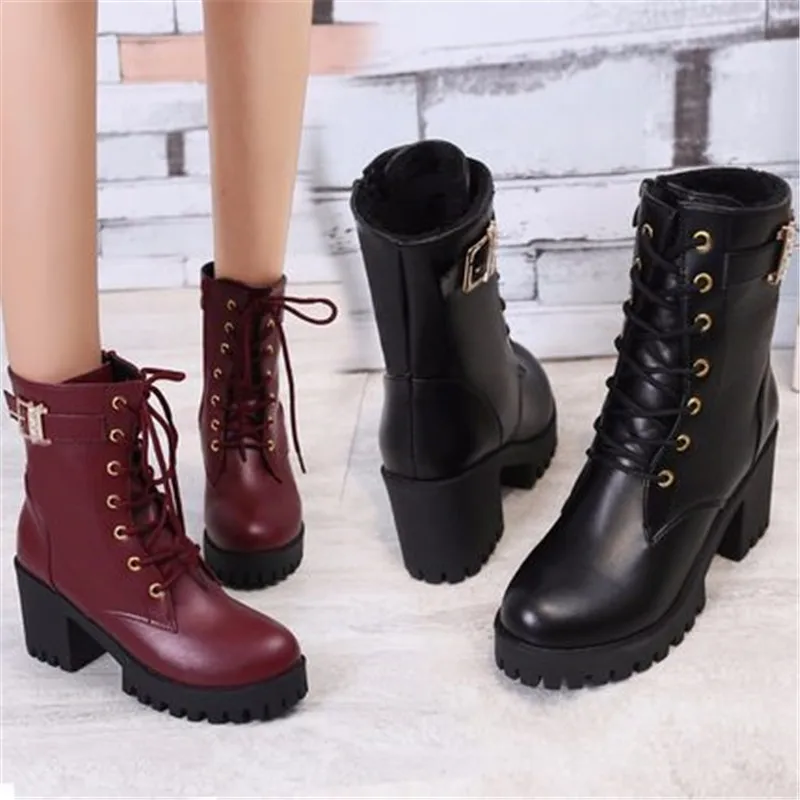 Осенне зимняя женская обувь на высоком каблуке ботильоны толстой подошве в