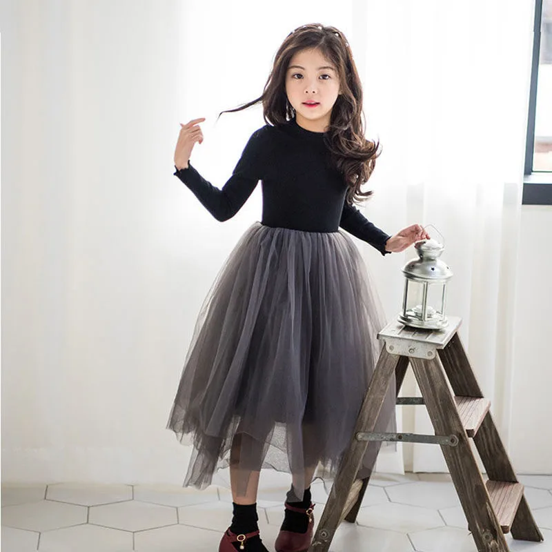 Girls Dress Princess Costume Girls' Dresses Winter Autumn Casual Children's Fluffy Gauze Base Dress Big Children's Wear Versatile Winter Princess Dress