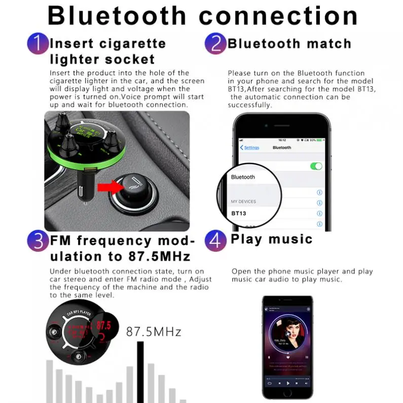BT13 Bluetooth fm-передатчик Автомобильный MP3-плеер беспроводной в автомобиле fm-модулятор Поддержка напряжения дисплей/двойной-AUX/двойной-USB