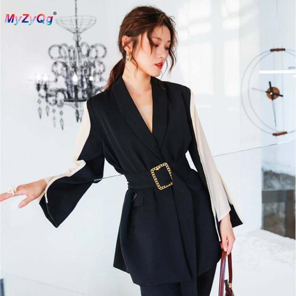 

Spring Women Patchwork Tailored Coat Black White Color Chiffon Long Sleeve OL Casual Streetwear Clothes