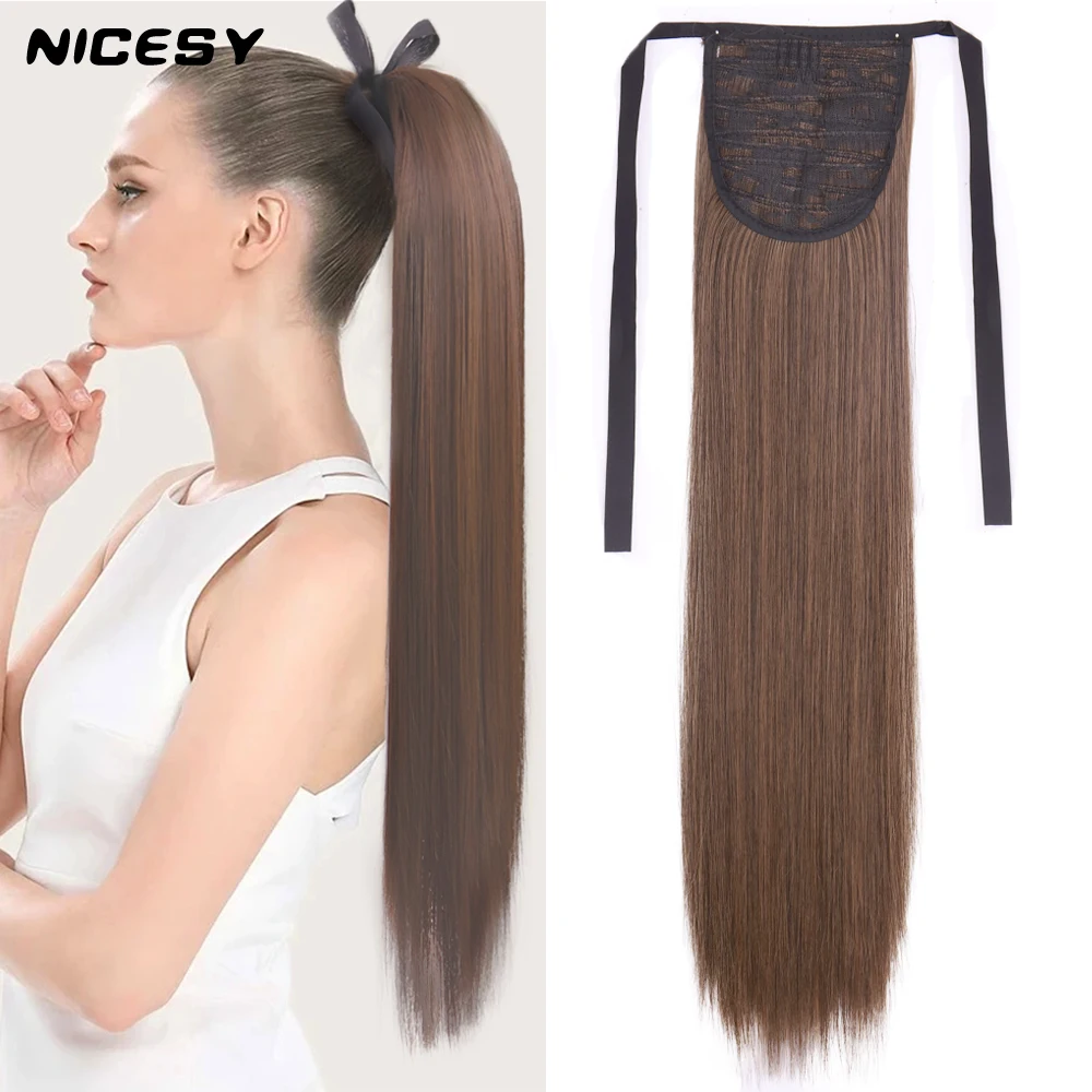 NICESY-extensiones de cabello postizo para mujer, coleta larga y lisa de color marrón con tirantes, de fibra sintética de 22 pulgadas, resistente al calor