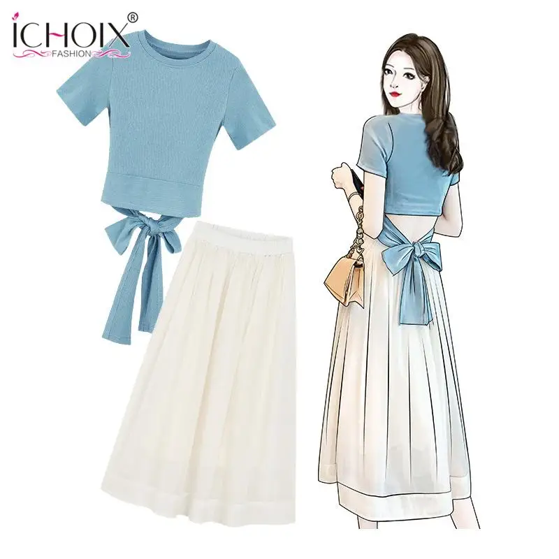 

HIGH QUALITY Women Irregular T Shirt+Mesh Skirts Suits Bowknot Solid Tops Vintage Floral Skirt Sets Elegant Woman Two Piece Set