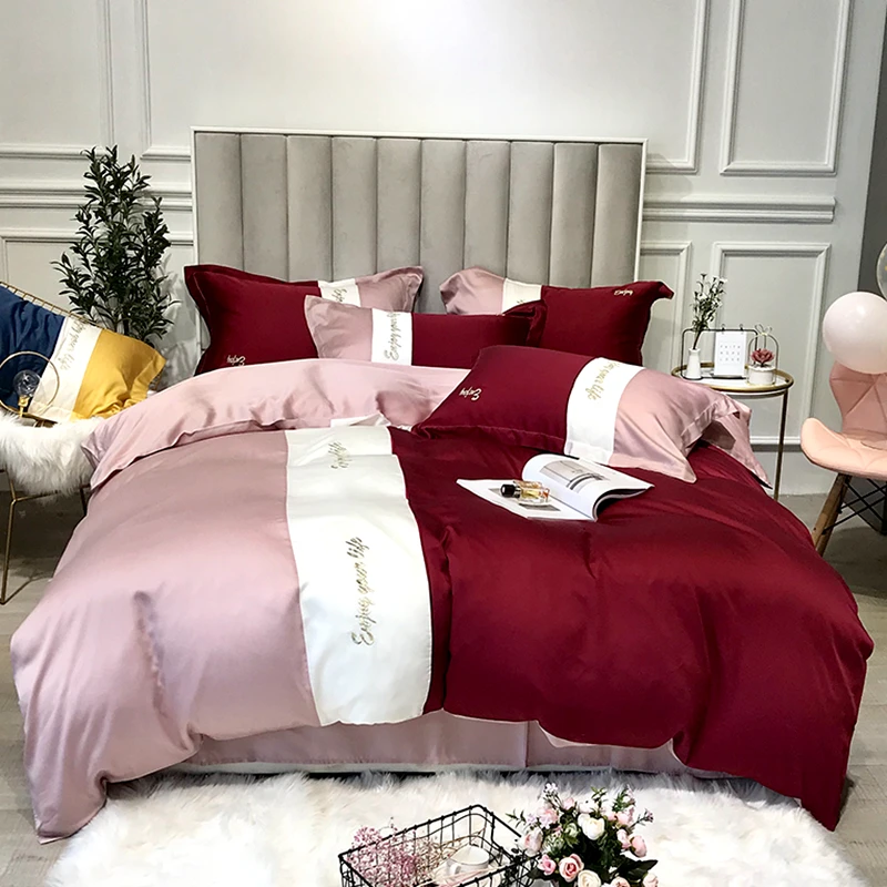 

Soft Tencel Embroidery Bedding Sets Bed Sheet Queen King size Duvet Cover Sets bed sheet pillowcase Colour collision bedlinen #a