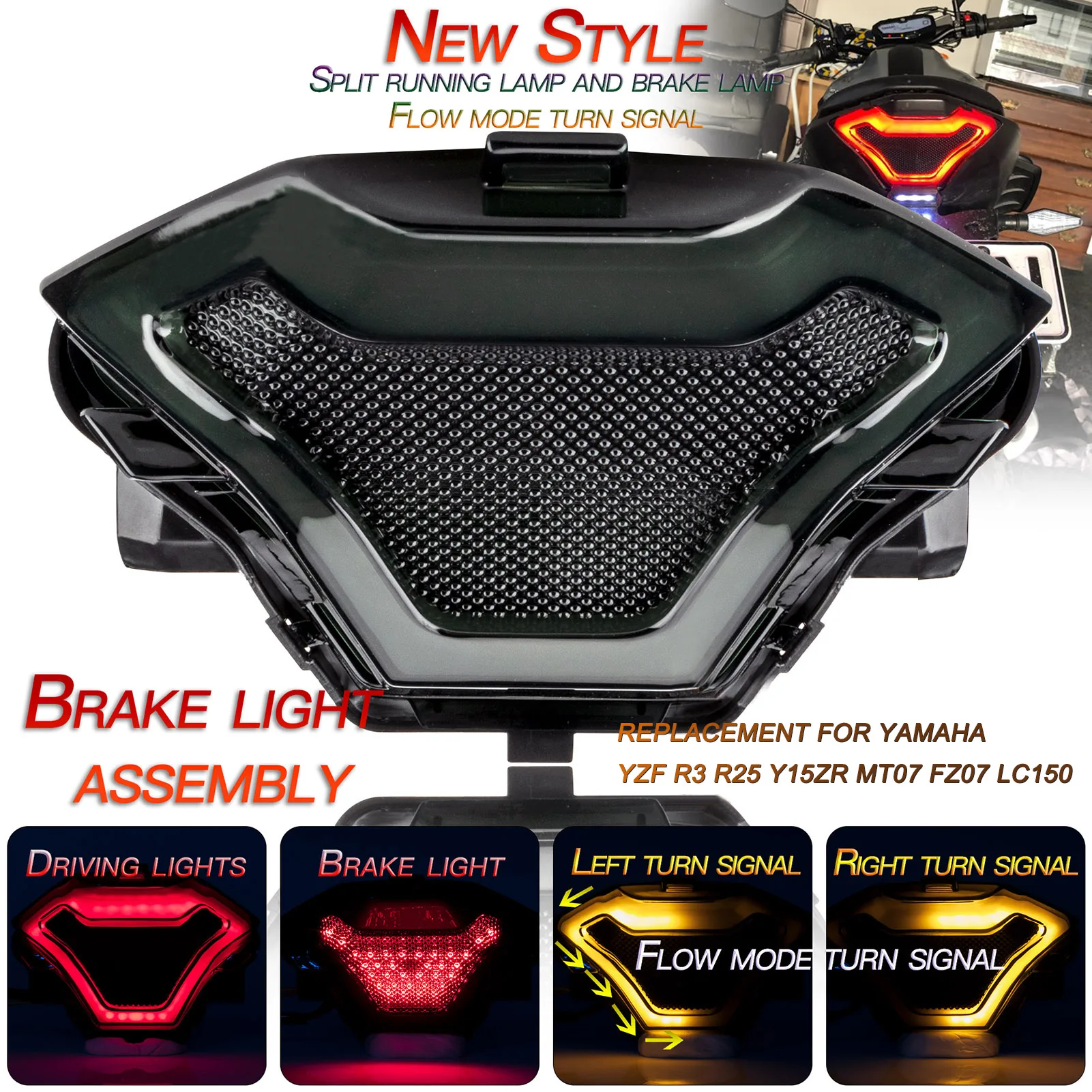 Motorcycle Brake Light Tail Lamp with LED Turn Signals Replacement for Yamaha YZF R3 R25 Y15ZR MT07 FZ07 LC150 Red |