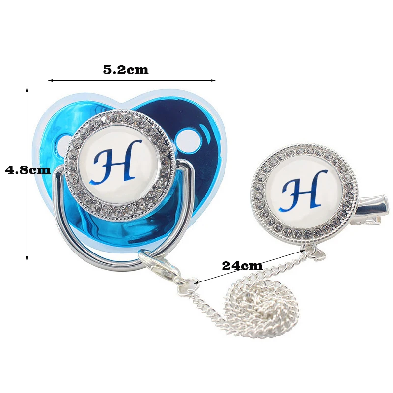 Name Initial Letters Baby Pacifier with Clips Lids Rhinestone Blue Luxury Pacifier Newborn Baby Boys Silicone Nipple Baby Shower 2
