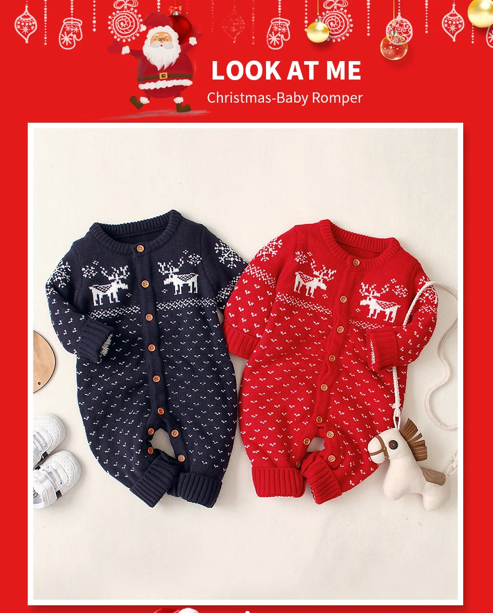 Детский комбинезон; модная Рождественская вязаная Пижама для Новорожденные девочки; комбинезоны с длинными рукавами для маленьких мальчиков; детские свитера