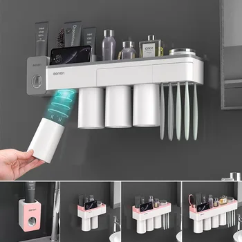 

Automatic Toothpaste Dispenser Squeezer Toothbrush Holder Makeup Storage Rack Shelf Bathroom Cosmetic Organizer new