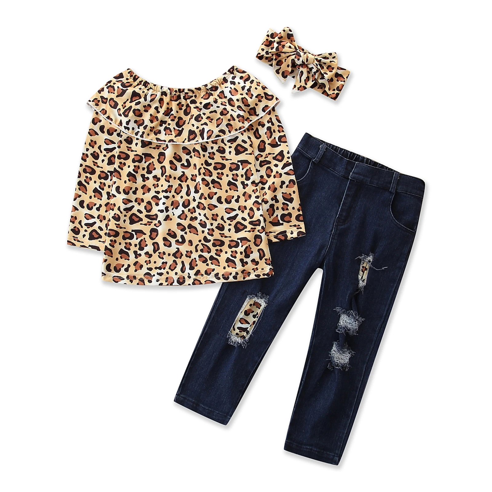 

2020 New Fall Autumn 0-6Y Toddler Baby Girl 3Pcs Set Ruffled Neck Leopard Print Long Sleeve Top+Ripped Pocket Jeans+Headband