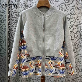 

2019 Autumn Fashion Cardigan Jacket High Quality Sweatshirt Coat Women Vintage Print Patchwork Long Sleeve Grey Blue Tops Coat