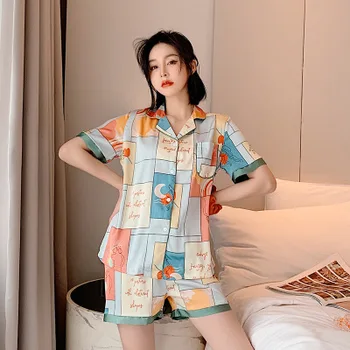 

Women's Summer MiKe mouse Pattern Silk Short-Sleeve Pants 2 pcs Set Casual Home Sleepwear Woman Simulation Silk Pajamas Set