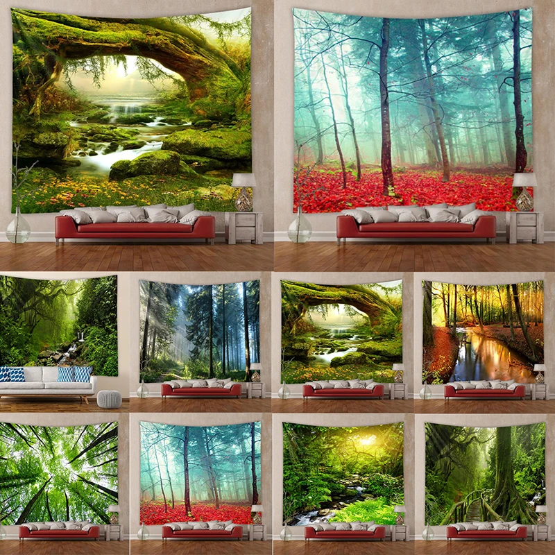Forest Plant Landscape Tapestry Natural Scenery Tapestry Wall Hanging Throw Mandala Hippie Bedspread Bohemian Home Decor