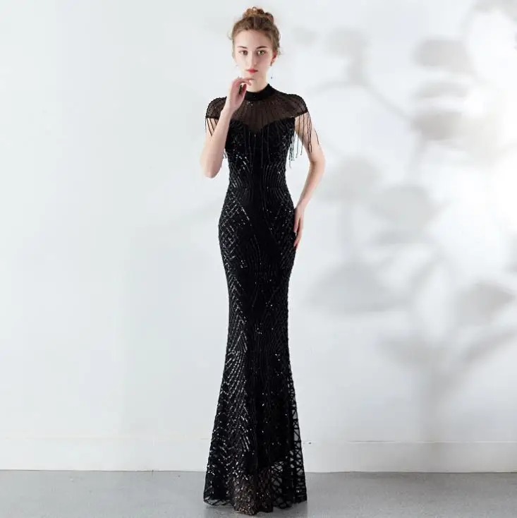 SVKSBEVS O Neck Sequined Gradient Color Mermaid Long Dresses Elegant Party Bodycon Crystal Chain Backless Maxi Dress
