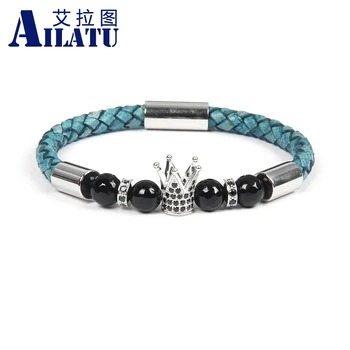 

Ailatu Men's New Cz Crown Bracelet Genuine Blue Cowhide Leather Stainless steel Gold Beads Magnetic Clasp Vintage Male Bangle