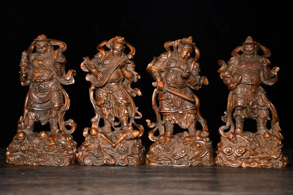 

7" China Lucky Seikos Boxwood Four Heavenly Kings Statue Four Diamond Holding country Growth Wide eye Smell statue