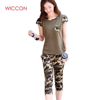 

Plus Size Women Casual 2 Piece Tracksuit Fashion Camouflage Printed Summer Short Sleeve V Collar Two Piece Set Female Suit