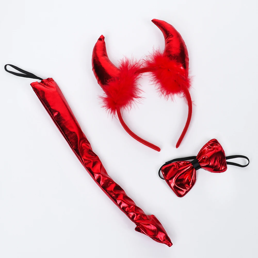 

3Pcs/Set Adult Children Halloween Cosplay Devil Headband Costume Fancy Party Demon Horn Fluffy Plush Hair Hoop Glitter Headwear