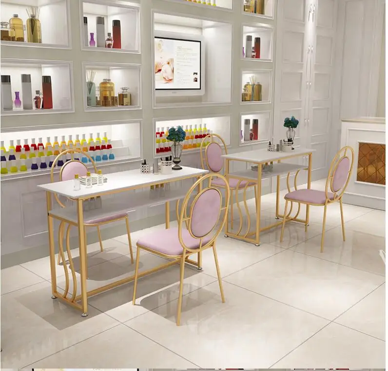 Simple and modern double solid wood nail table and chair set single double Nordic net red new golden small nail table