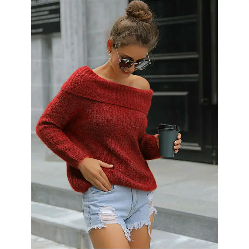 Women's Sweater Solid Long Sleeve Kintted Off Shoulder Baggy Ladies Tops Loose Oversized Pullover Autumn Outfits | Женская одежда