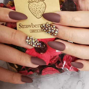 

False nails pointed frosted fake nails brown handmade boxed nails 24 AB color diamond oval metal jewelry