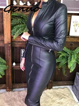 

Zipper Design PU Bodycon Dress Autumn Women Elegant Slim Fit Party Dress Female Winter Cocktail Midi Dress