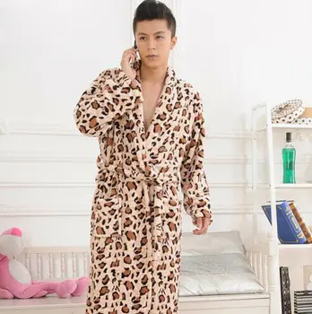 

Men's Robe Microfiber Fleece Leopard Print Bathrobe Shawl Collar Autumn Winter Warm Casual Robe Sleepwear Nightwear