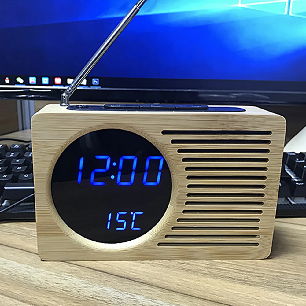 Мультфифункциональные часы дисплей спальня домашний декоративный радио прикроватный бамбук тихий винтажный стол светодиодный цифровой контроль звуков