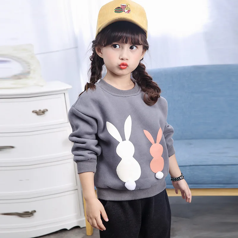 Толстовки для девочек 3, 4, 5, 6, 7, 8, 9, 10 лет, плотная теплая осенне-зимняя детская толстовка для девочек, детская верхняя одежда с круглым вырезом и милым кроликом