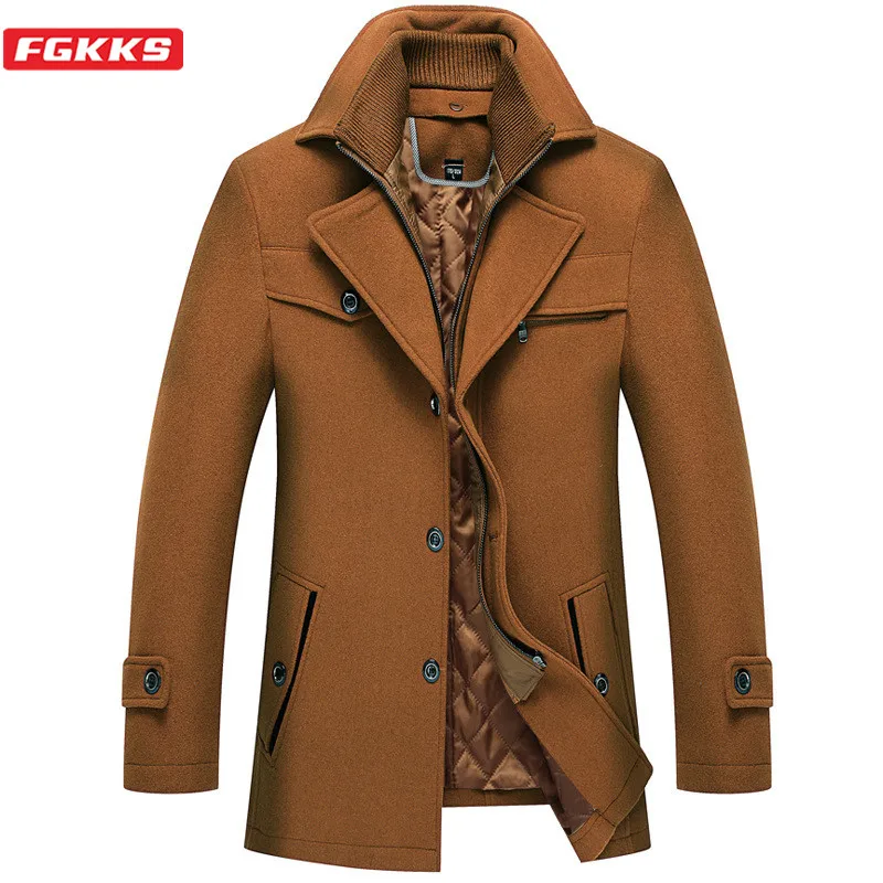 

FGKKS Winter Brand Men Wool Blend Coats High Quality Men Fashion Solid Color Wool Coat Warm Thick Casual Wool Overcoat Male