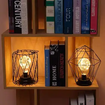 

Delicate Wrought Iron LED Bedside Night Light Battery Powered Geometric Shaped Desk Lamp Decor Lighting for Bedroom Room