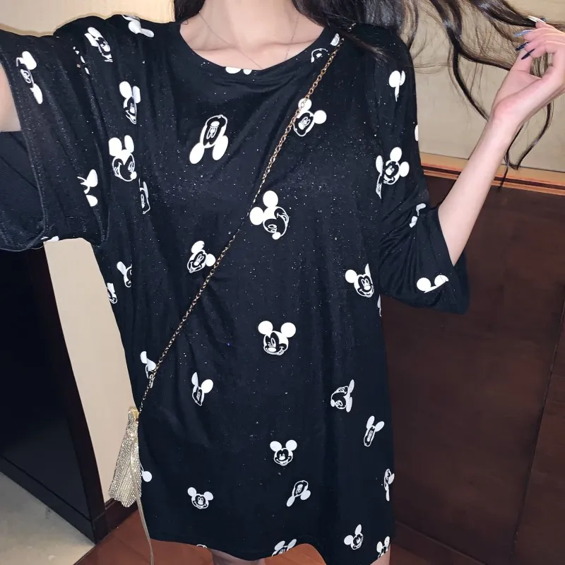 

Women Autumn Summer Plus Size Dress Short Sleeve Streetwear Casual Loose Minnie Mickey Cartoon Sequin Party Club Mini Dresses