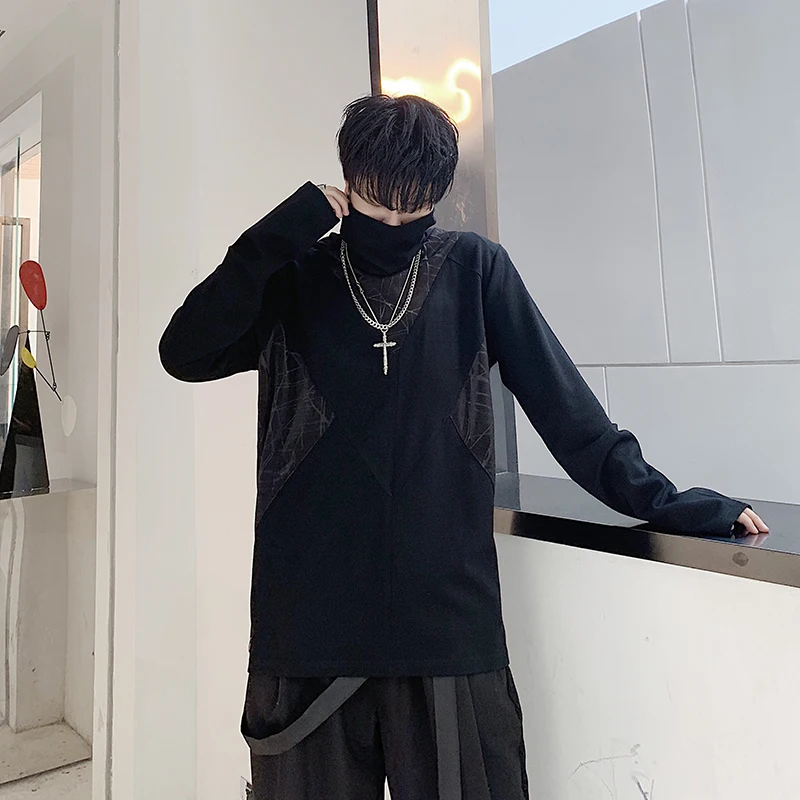 Harajuku супер высокие футболки с воротниками длинный рукав футболка мужская контрастная Футболка Горячая осень повседневные футболки Мужская брендовая одежда