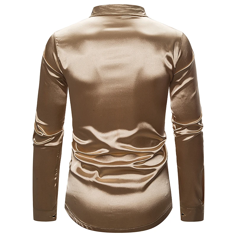2020 Mens Shiny Gold Sequin Black Silk Dress Shirts Long Sleeve Shiny