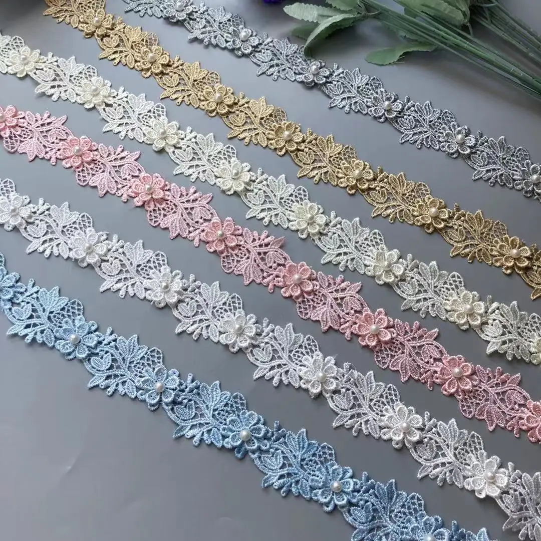 Pearl Flower Embroidered Soluble Polyester Fabric Lace Trim Ribbon Handmade DIY Sewing Craft For Costume Hat Decoration 2 Yard lace ribbon,lace fabric,lace sewing accessories,lace sewing supplies,lace accessories,lace garment accessories,lace decoration,clothing craft accessories