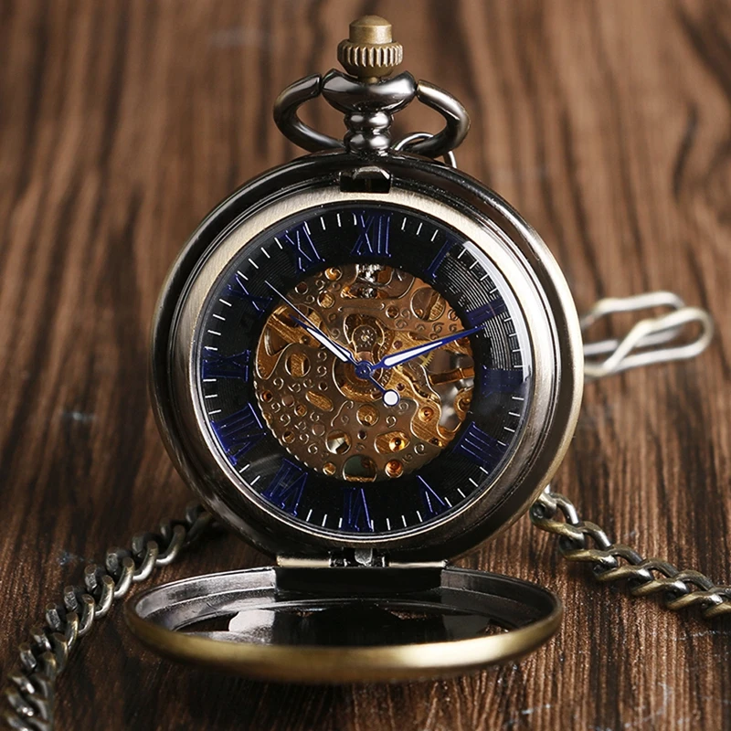 Классические карманные часы для мужчин щит Бронзовый Механические карманные часы для мальчиков Римский Циферблат скелет кулон часы цепь