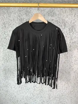 

summer high qulaity women tassel fashion T-shirt tops female rivets cotton tops tee ddxgz2 4.18