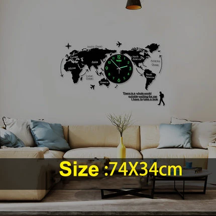 Size 74x34 cm Glow Большая карта мира настенные часы светящиеся современный дизайн для гостиной Светящиеся в темноте акриловые часы наклейки настенные часы домашний декор - Цвет: Size 74x34 cm Glow