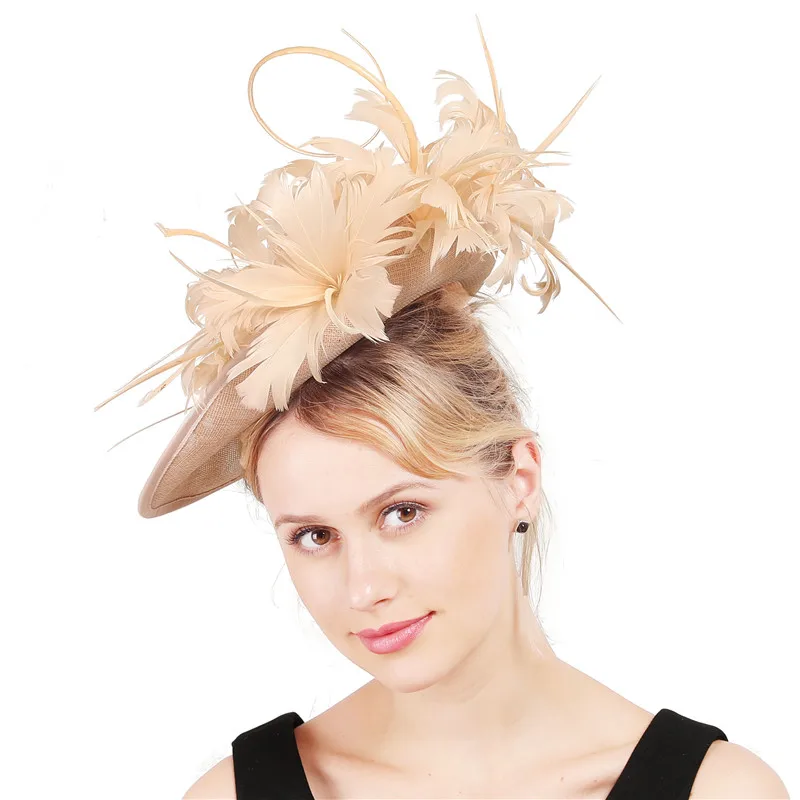 Имитация sinamay большой Дерби вечерние показать Чародей головной убор повязка элегантные женские перо в форме цветка, заколка для волос вечерние шляп