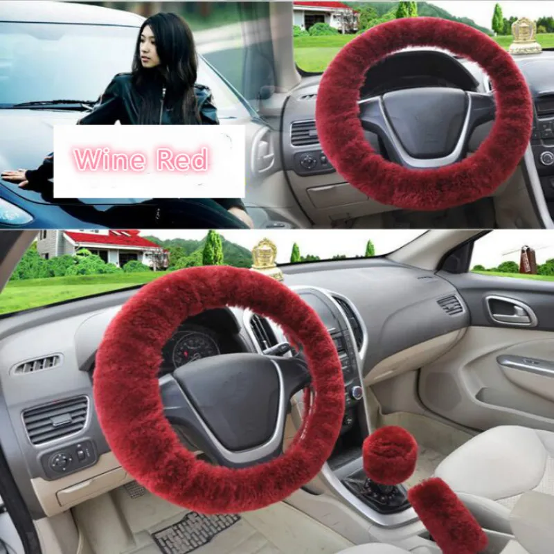 Universal Car Steering Covers Winter Plush Car Steering-Wheel Cover Faux fur Hand Brake Gear Cover Set Car Interior Accessories - Название цвета: Красный