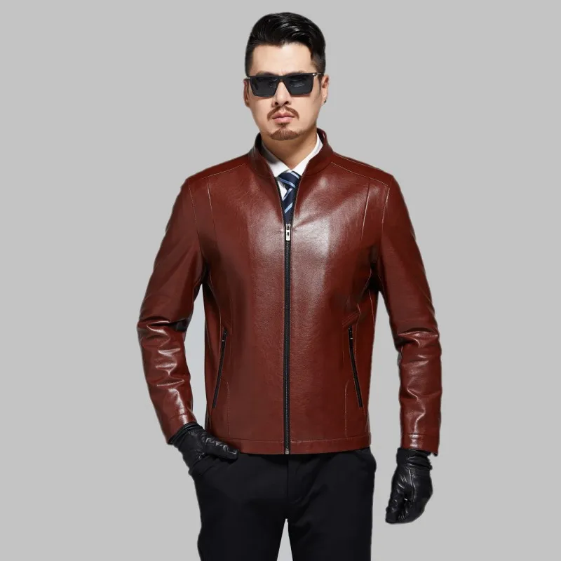 1913 Spring& Autumn Genuine Leather Coat Men's Short Collar Business Casual Sheepskin Leather Overcoat Middle-aged Men's Jacket