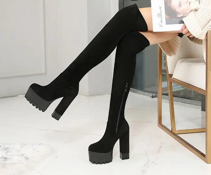 Black suede Сапоги выше колена в европейском и американском стиле высокие сапоги на очень высоком каблуке 14 см г. Новые высокие женские сапоги модные эластичные сапоги - Цвет: Black suede