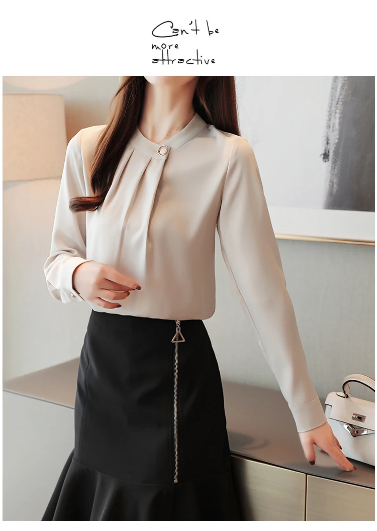 Camisas Mujer, новинка, осенняя однотонная блузка с длинным рукавом, женская рубашка, топы OL, винтажный пуловер с круглым вырезом, женская блузка, одежда 7161 50