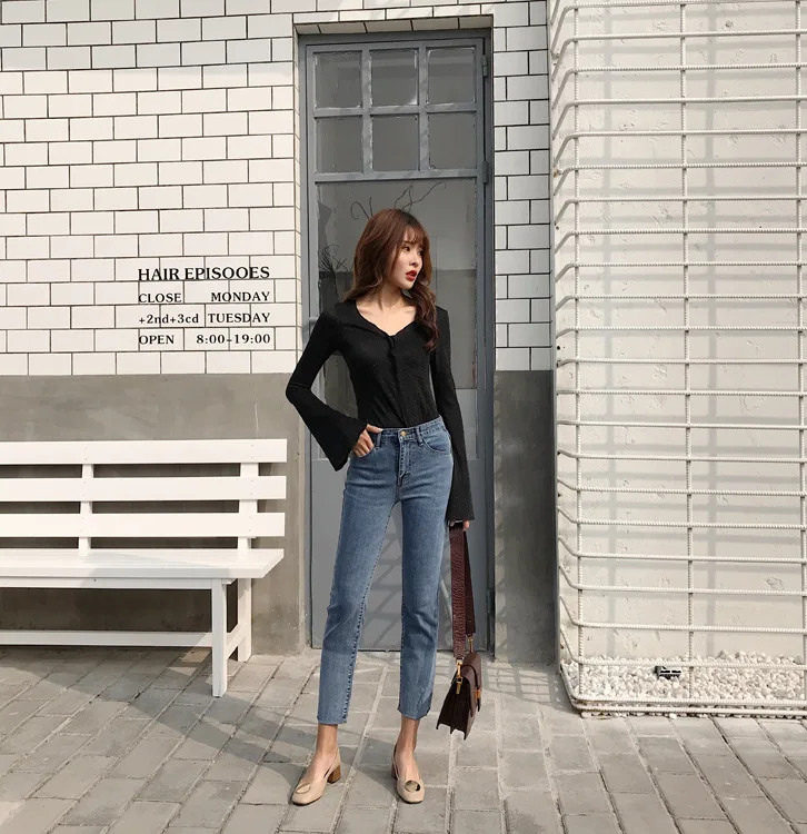 Лето, Ulzzang Wind, обтягивающие, вареные брюки, градиентные, цветные, ковбойские, длиной до щиколотки, штаны с высокой талией, тянущиеся, рваные, с краями, Penc