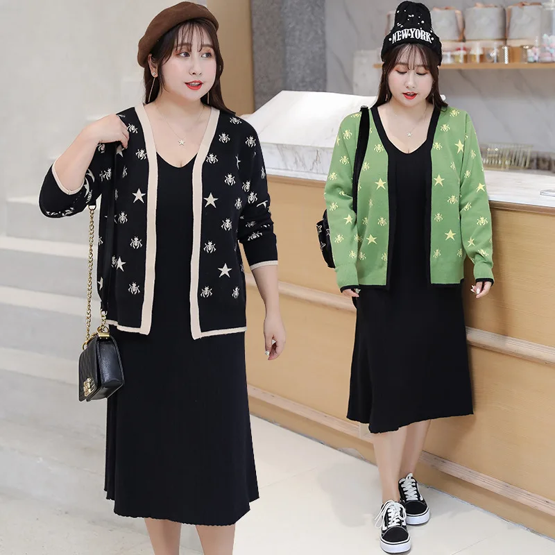 

[Xuan chen] Fat Mm Korean-style Elasticity Knit Tank Dress Set Autumn New Style Slimming Western Style Two-Piece Set on Behalf o