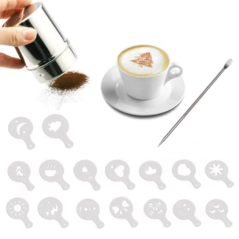 

18Pcs Set Coffeeware Latte Art Decoration Tool Cafe Coffee Stencils Barista Art Needles Powder Sifter Coffee Accessories