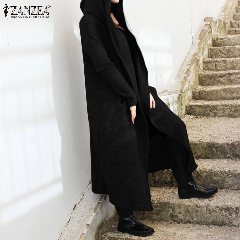 Модные женские толстовки с длинным рукавом Длинные пальто ZANZEA осенние однотонные свободные куртки повседневная верхняя одежда с капюшоном Femme открытый передний кардиган