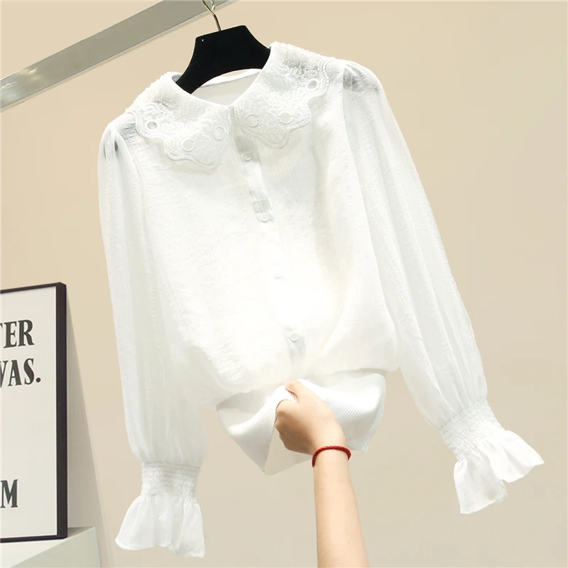 

Chiffon Blouse Women's 2020 Spring Loose-Fit Temperament Bead Collar Shirt Women White Shirt Black Blusas Femme Two-Piece