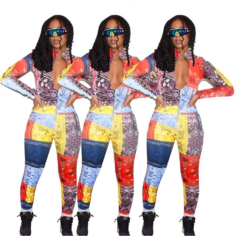 

Striped Patchwork Pattern Print Zipper Long Sleeves Stand Collar Women Jumpsuit New Autumn Hot Style Outfits