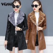 Новая зимняя женская кожаная куртка, теплое длинное кожаное пальто с большим меховым воротником, черная верхняя одежда, приталенное пальто размера плюс S-5XL