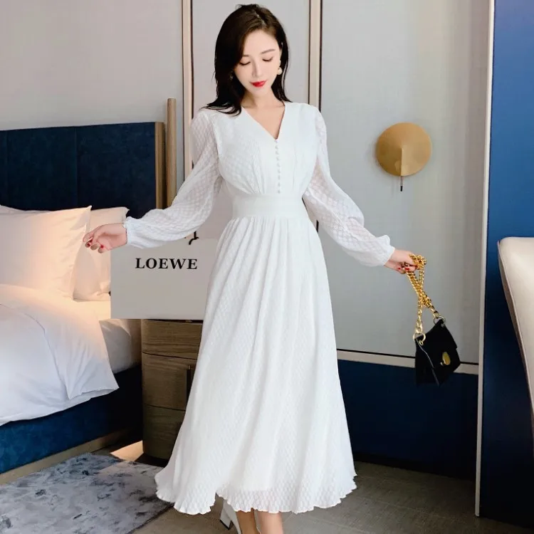 

2019 Autumn And Winter French New Style Polka Dot Fold V-neck Puff Sleeve Long Big Hemline Formal Dress Women's