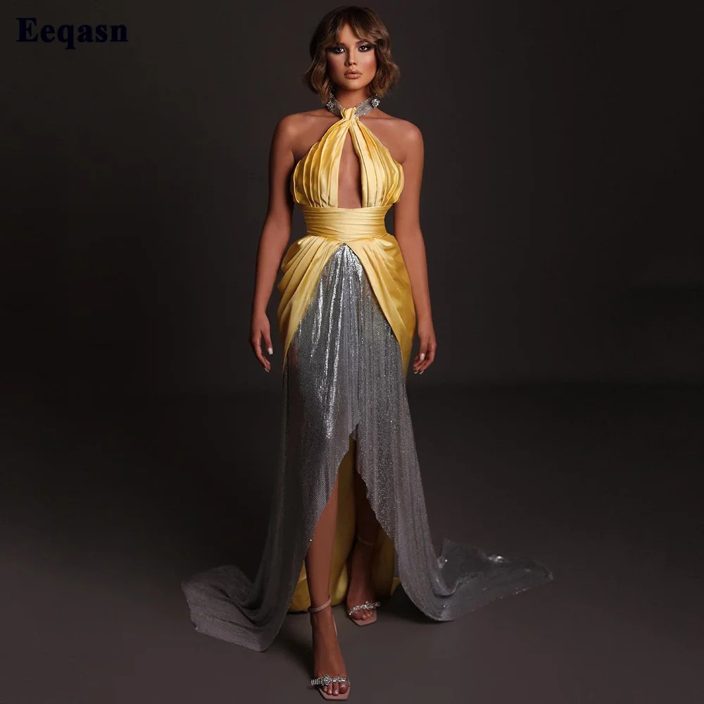 Eeqasn New Gold And Silver Evening Dresses Satin Sequines Halter Prom Party Gowns High Low Pleated Cut-out Women Formal Dress